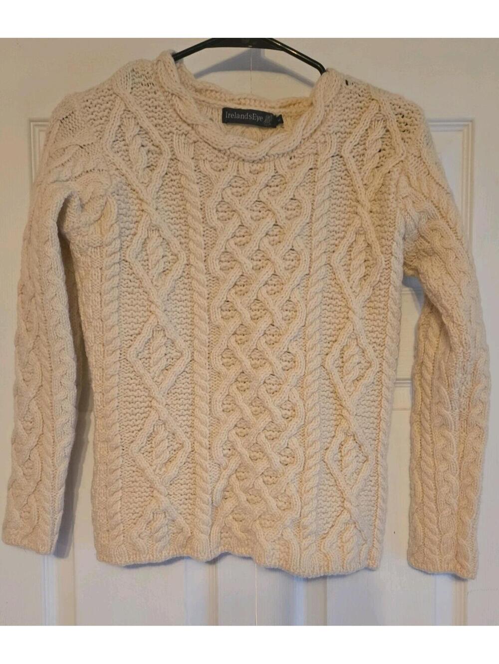 Irelands Eye Wool Cable Knit Ivory Crewneck Sweater Fisherman Preppy Sz M Womens